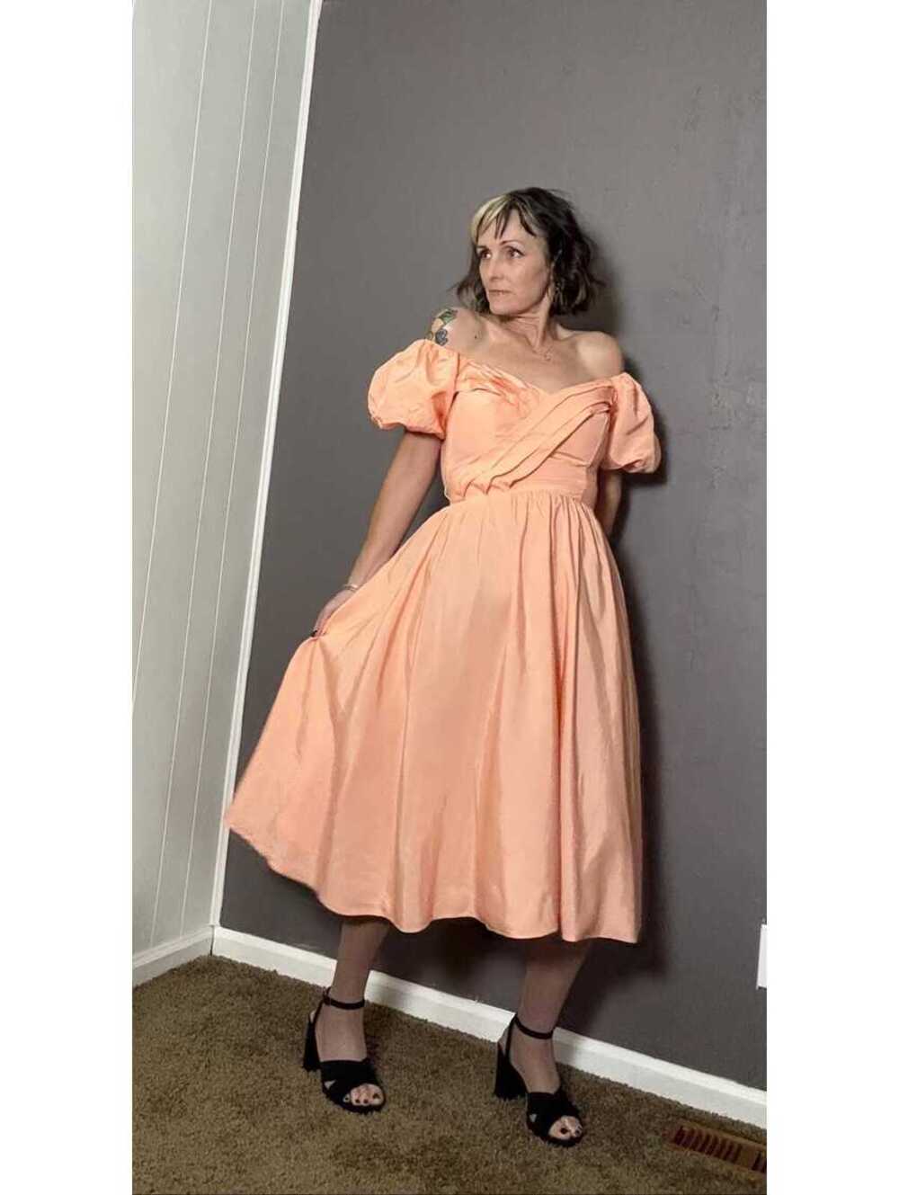1980's Peach Taffeta Party Dress Puff Sleeve Off Shoulder Fit + Flare